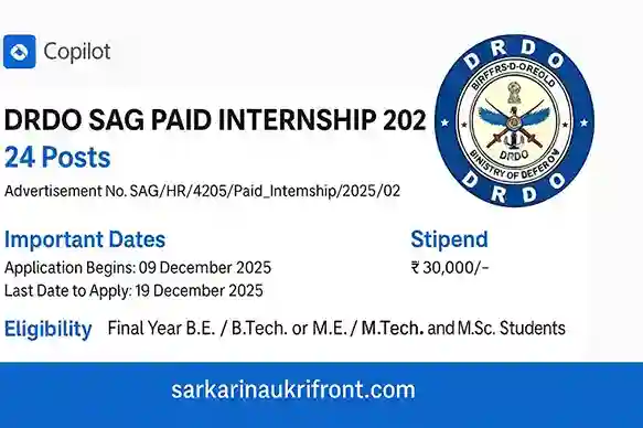 DRDO SAG Paid Internship 2025