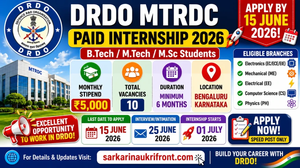 DRDO MTRDC Paid Internship 2026